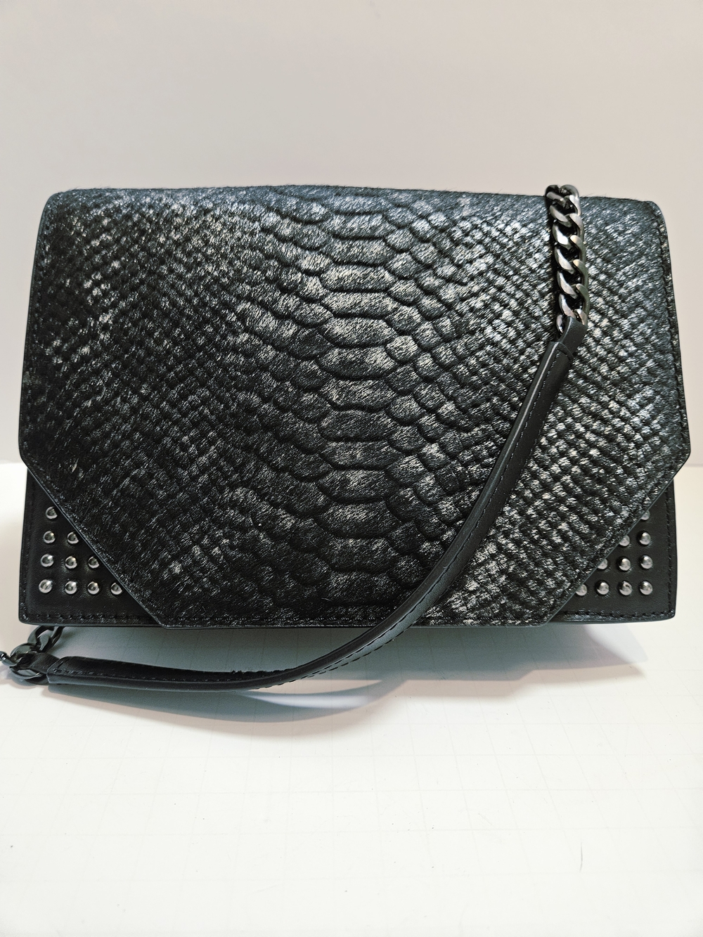 NWOT Linea Pelle Black 100% Leather & Calf Hair Shoulder Bag Snake Embossed
